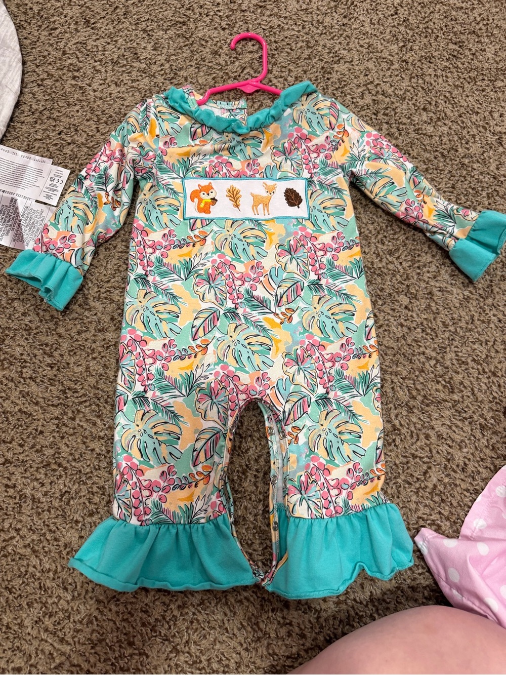 Tropical Animal Appliqué Ruffled Baby Romper - Teal, Pink, Yellow